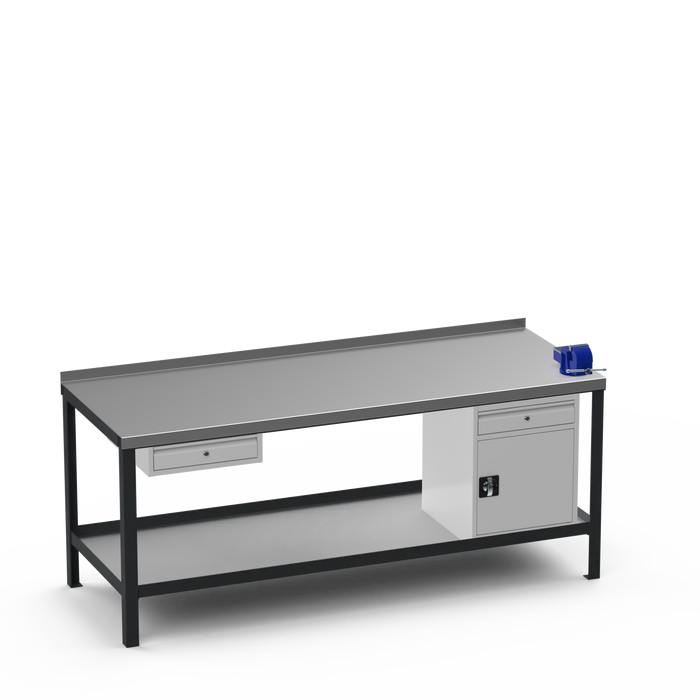 Steel Top Heavy Duty Workbench | Single Drawer & Cupboard w/ Drawer & Right 4 Inch Vice
