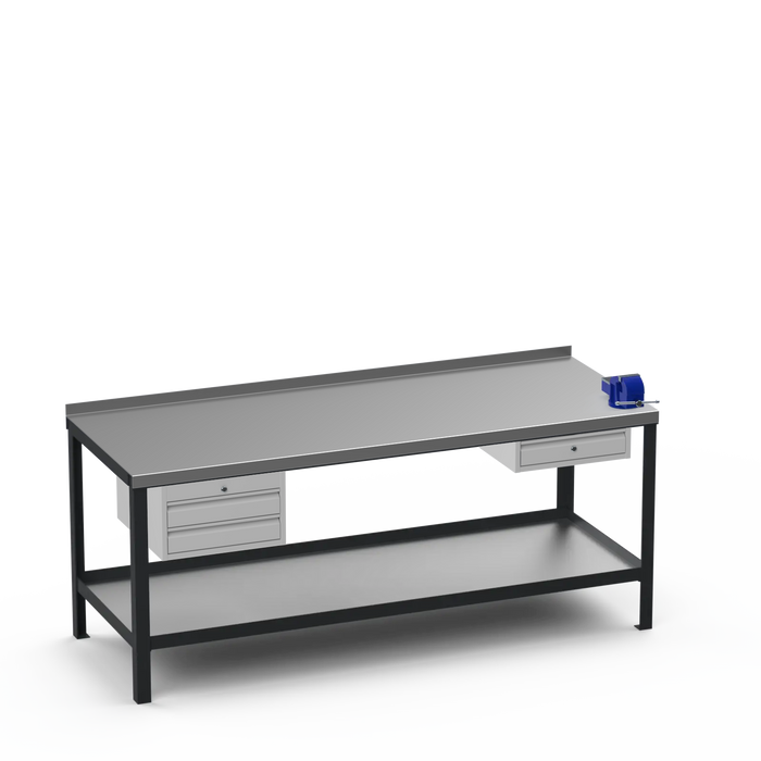 Steel Top Heavy Duty Workbench | 2 Drawer & Single Drawer & Right 4 Inch Vice Storage