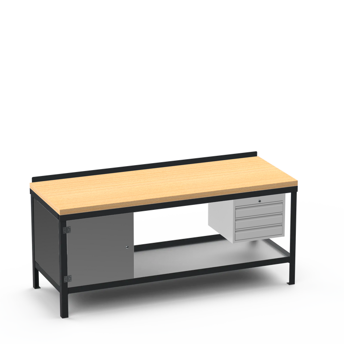 Wood Top Heavy Duty Workbench | Enclosed Cupboard & 3 Drawer Storage
