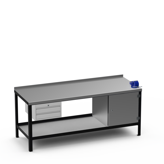 Steel Top Heavy Duty Workbench | 2 Drawer & Enclosed Cupboard & Right 4 Inch Vice