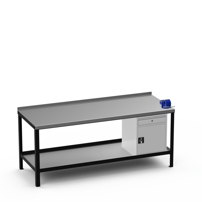 Steel Top Heavy Duty Workbench | Cupboard w/ Drawer & Right 4 Inch Vice Storage