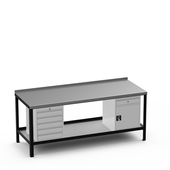 Steel Top Heavy Duty Workbench | 5 Drawer & Cupboard w/ Drawer Storage