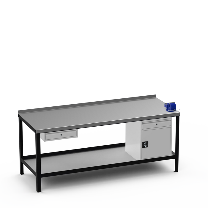 Steel Top Heavy Duty Workbench | Single Drawer & Cupboard w/ Drawer & Right 4 Inch Vice