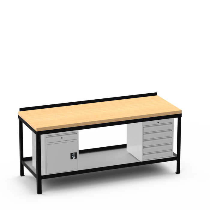 Wood Top Heavy Duty Workbench | Cupboard w/ Drawer & 5 Drawer Storage
