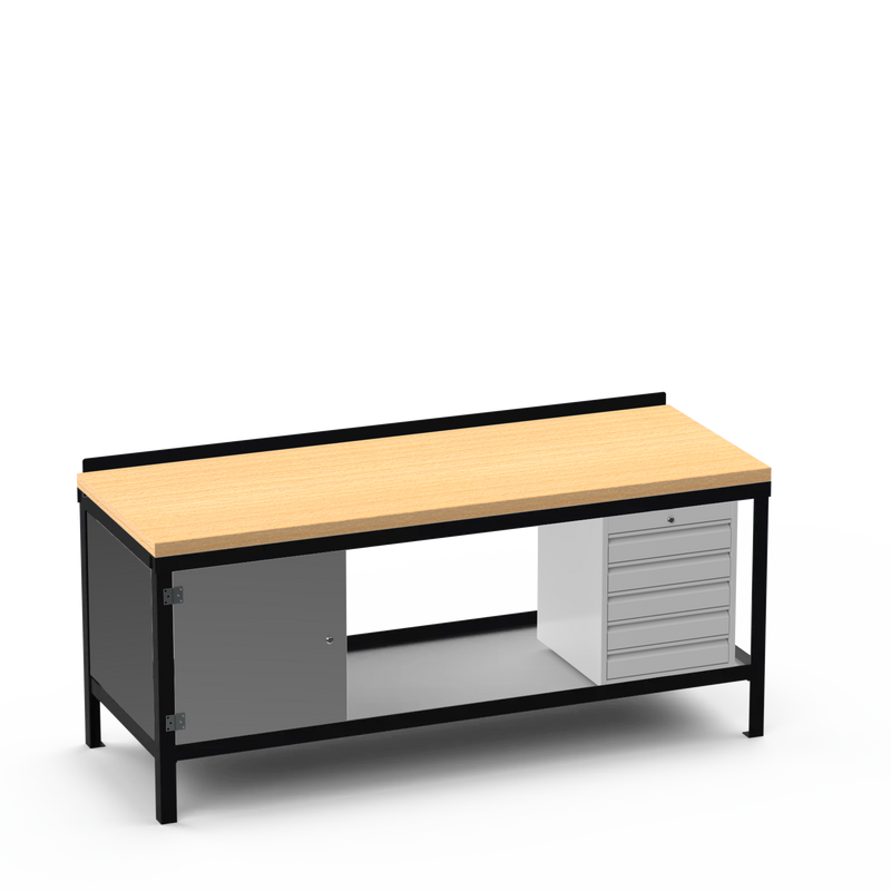 Wood Top Heavy Duty Workbench | Cupboard & 5 Drawer Storage