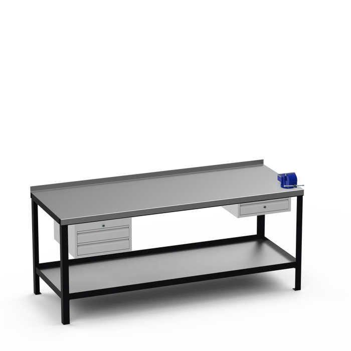 Steel Top Heavy Duty Workbench | 2 Drawer & Single Drawer & Right 4 Inch Vice Storage