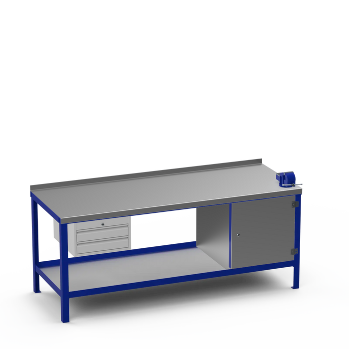 Steel Top Heavy Duty Workbench | 2 Drawer & Enclosed Cupboard & Right 4 Inch Vice