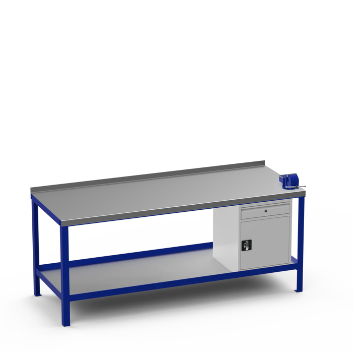 Steel Top Heavy Duty Workbench | Cupboard w/ Drawer & Right 4 Inch Vice Storage
