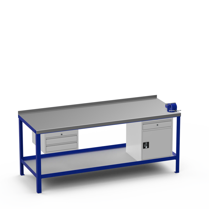 Steel Top Heavy Duty Workbench | 2 Drawer & Cupboard w/ Drawer & Right 4 Inch Vice Storage