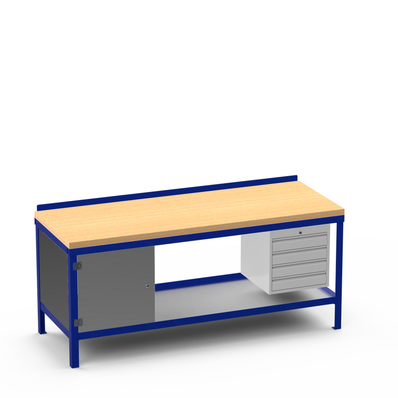Wood Top Heavy Duty Workbench | Cupboard & 4 Drawer Storage