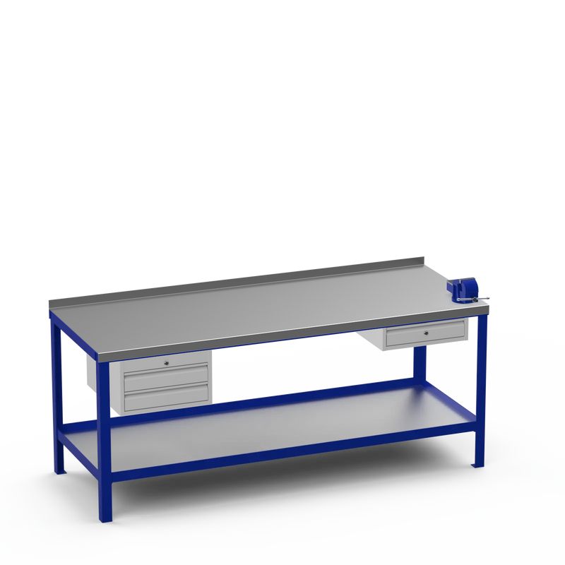 Steel Top Heavy Duty Workbench | 2 Drawer Storage Unit & Single Drawer Storage Unit & 4 Inch Bench Vice