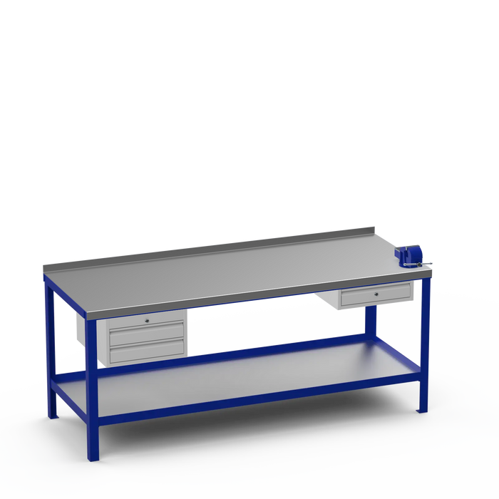 Steel Top Heavy Duty Workbench | 2 Drawer & Single Drawer & Right 4 Inch Vice Storage