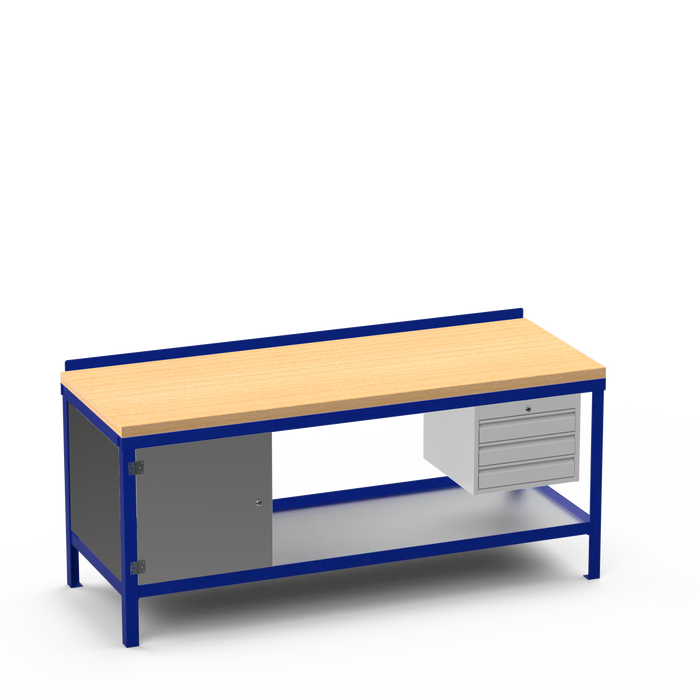 Wood Top Heavy Duty Workbench | Enclosed Cupboard & 3 Drawer Storage