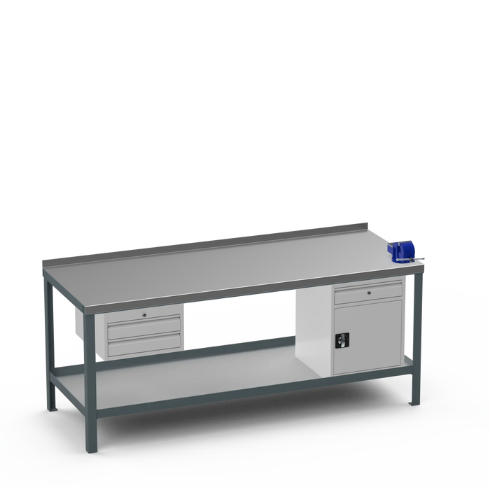 Steel Top Heavy Duty Workbench | 2 Drawer & Cupboard w/ Drawer & Right 4 Inch Vice Storage