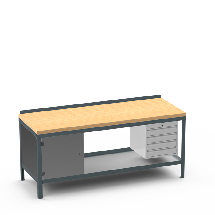 Wood Top Heavy Duty Workbench | Enclosed Cupboard & 4 Drawer Storage