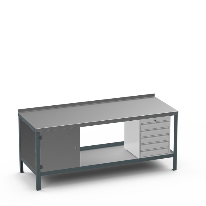 Steel Top Heavy Duty Workbench | Enclosed Cupboard & 5 Drawer Storage