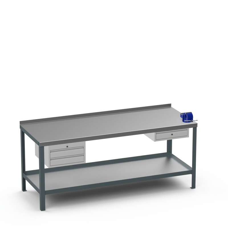Steel Top Heavy Duty Workbench | 2 Drawer Storage Unit & Single Drawer Storage Unit & 4 Inch Bench Vice