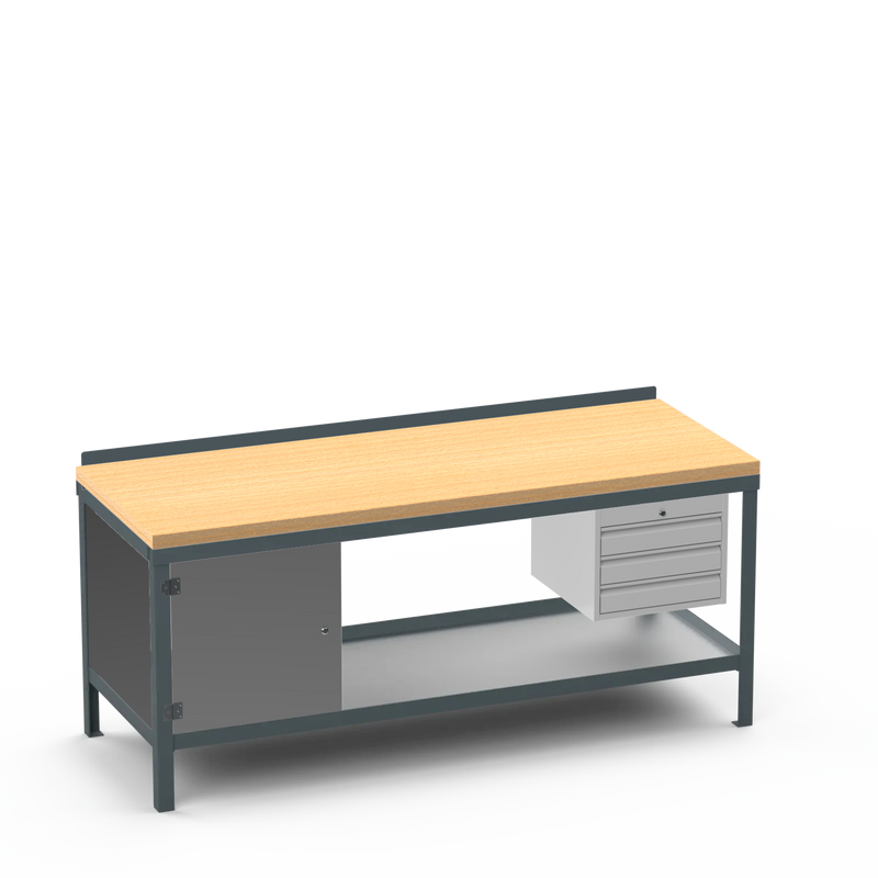 Wood Top Heavy Duty Workbench | Cupboard & 3 Drawer Storage