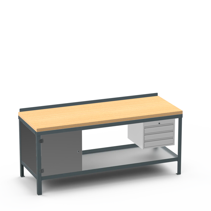 Wood Top Heavy Duty Workbench | Enclosed Cupboard & 3 Drawer Storage