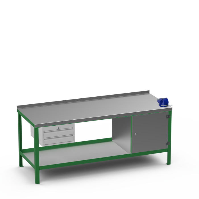Steel Top Heavy Duty Workbench | 2 Drawer & Enclosed Cupboard & Right 4 Inch Vice