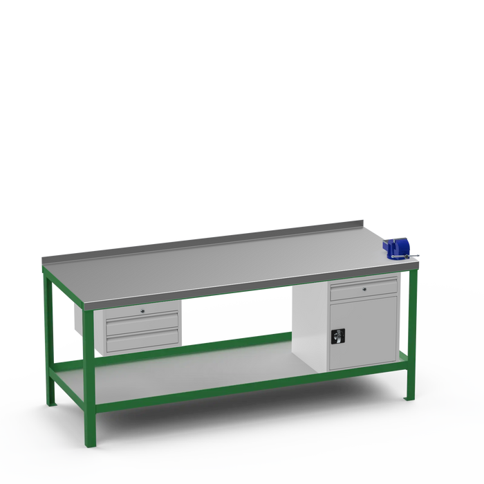 Steel Top Heavy Duty Workbench | 2 Drawer & Cupboard w/ Drawer & Right 4 Inch Vice Storage
