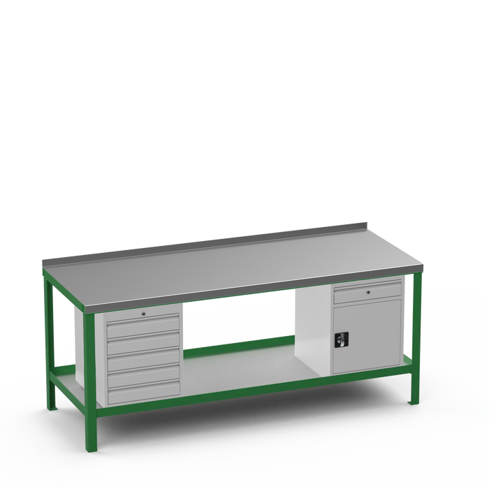 Steel Top Heavy Duty Workbench | 5 Drawer & Cupboard w/ Drawer Storage