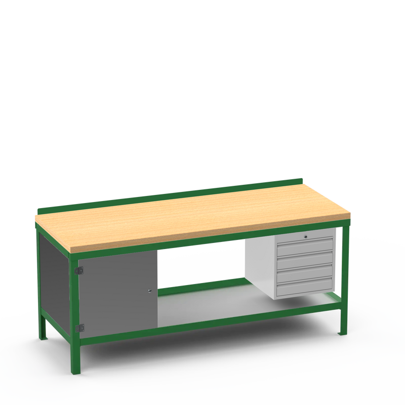 Wood Top Heavy Duty Workbench | Cupboard & 4 Drawer Storage