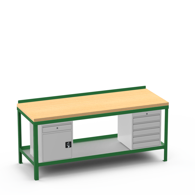 Wood Top Heavy Duty Workbench | Cupboard w/ Drawer Storage & 5 Drawer Storage
