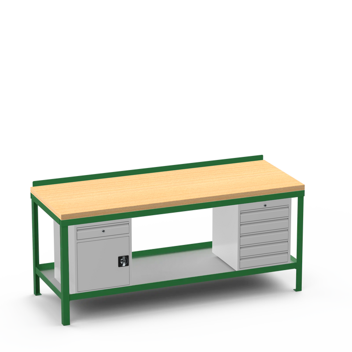 Wood Top Heavy Duty Workbench | Cupboard w/ Drawer & 5 Drawer Storage