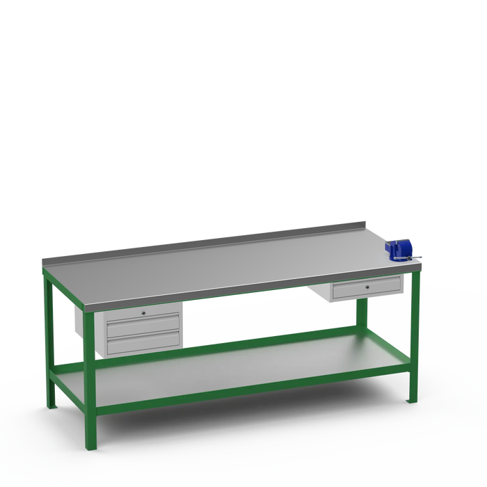Steel Top Heavy Duty Workbench | 2 Drawer & Single Drawer & Right 4 Inch Vice Storage
