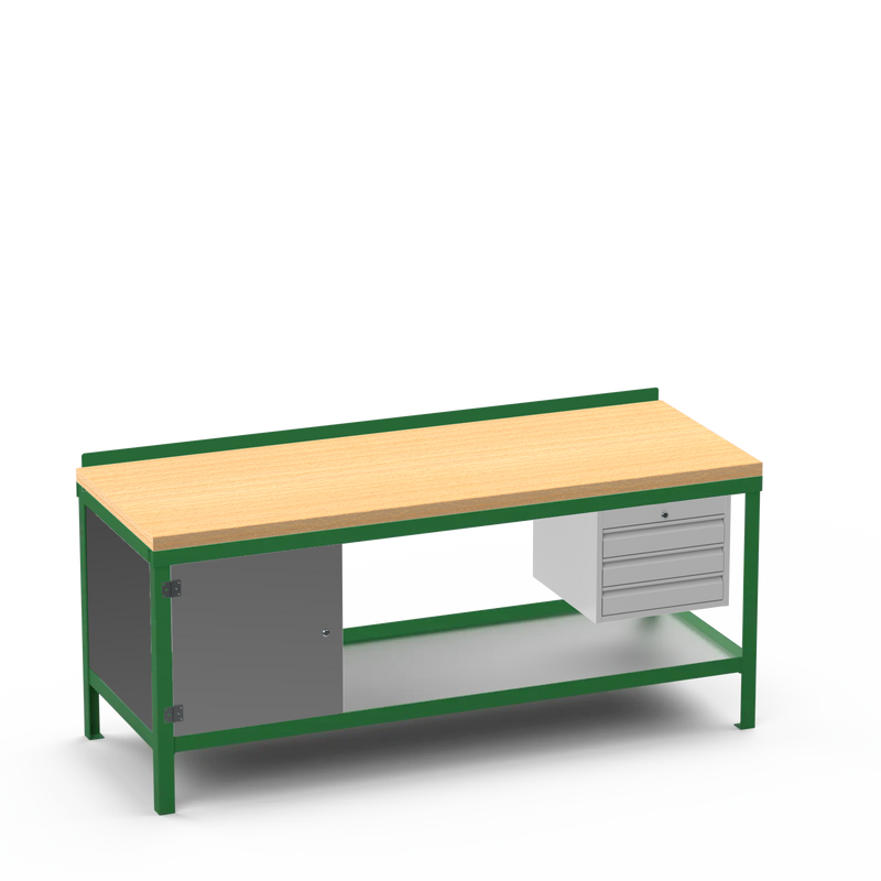 Wood Top Heavy Duty Workbench | Cupboard & 3 Drawer Storage