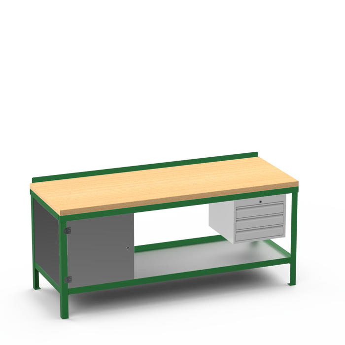 Wood Top Heavy Duty Workbench | Enclosed Cupboard & 3 Drawer Storage