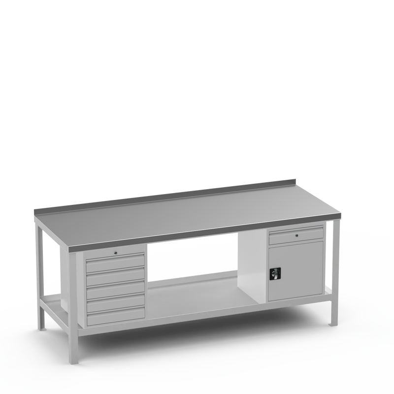 Steel Top Heavy Duty Workbench | 5 Drawer & Cupboard w/ Drawer Storage