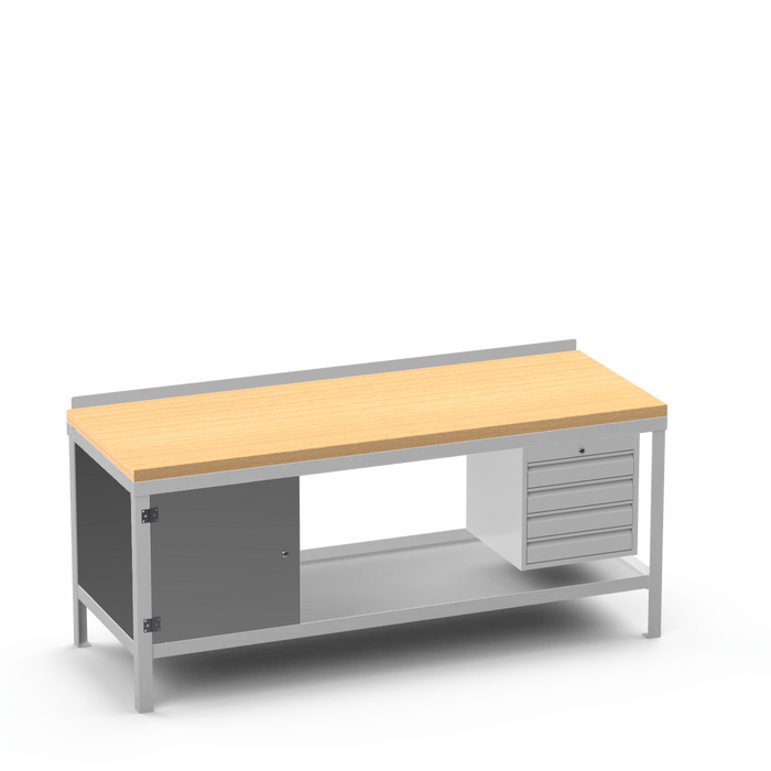 Wood Top Heavy Duty Workbench | Enclosed Cupboard & 4 Drawer Storage