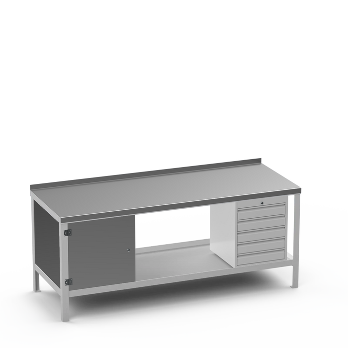 Steel Top Heavy Duty Workbench | Enclosed Cupboard & 5 Drawer Storage