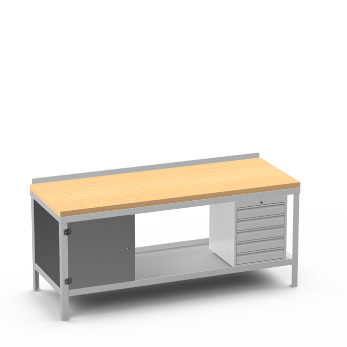 Wood Top Heavy Duty Workbench | Enclosed Cupboard & 5 Drawer Storage