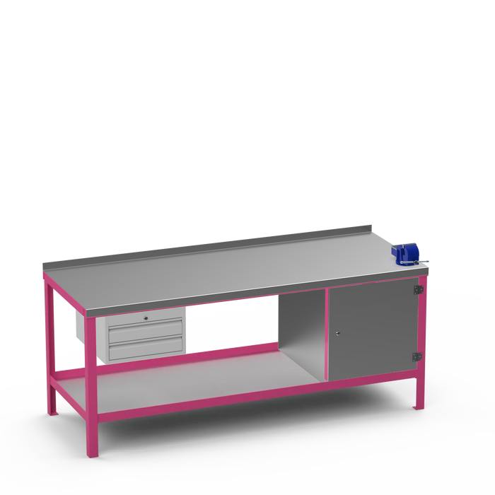 Steel Top Heavy Duty Workbench | 2 Drawer & Enclosed Cupboard & Right 4 Inch Vice