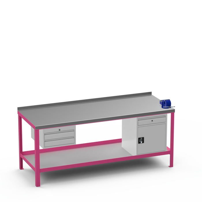 Steel Top Heavy Duty Workbench | 2 Drawer & Cupboard w/ Drawer & Right 4 Inch Vice Storage