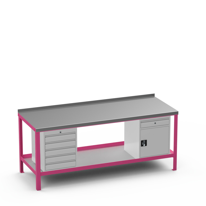 Steel Top Heavy Duty Workbench | 5 Drawer & Cupboard w/ Drawer Storage