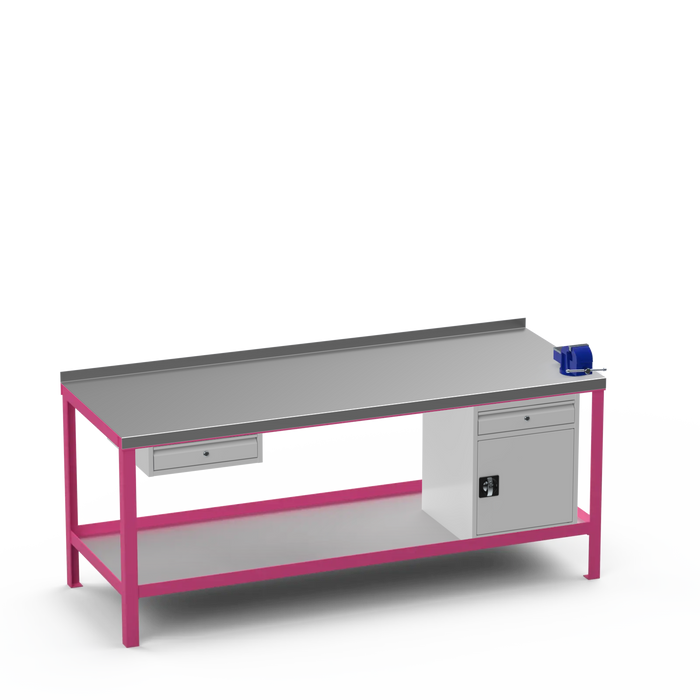 Steel Top Heavy Duty Workbench | Single Drawer & Cupboard w/ Drawer & Right 4 Inch Vice