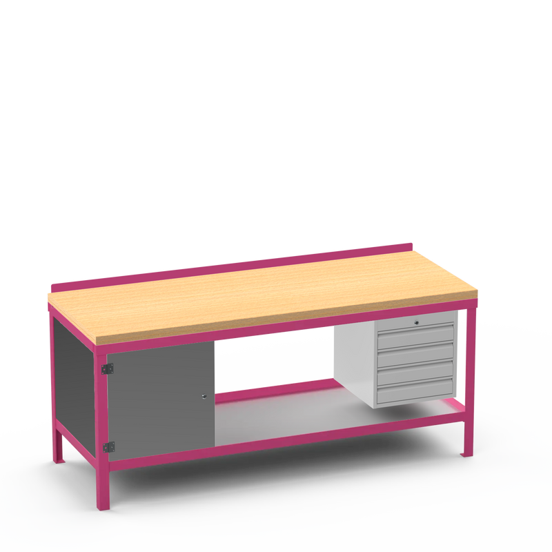 Wood Top Heavy Duty Workbench | Cupboard & 4 Drawer Storage