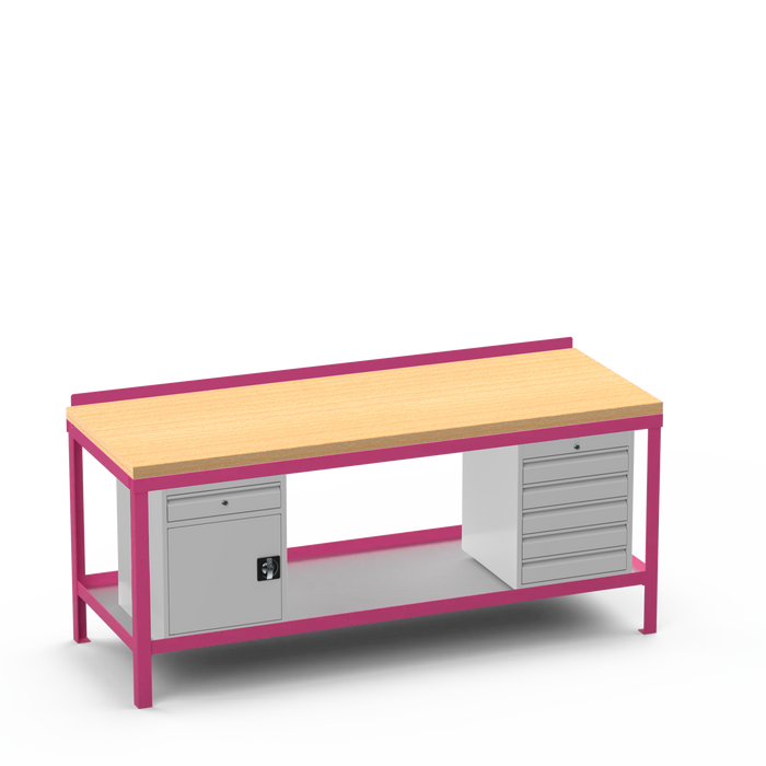 Wood Top Heavy Duty Workbench | Cupboard w/ Drawer & 5 Drawer Storage