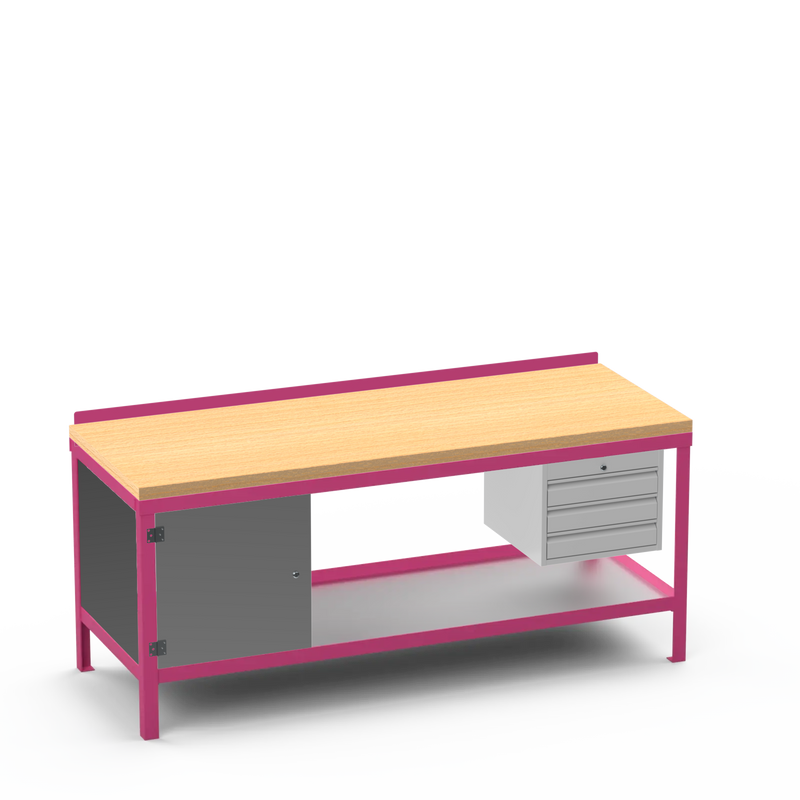 Wood Top Heavy Duty Workbench | Cupboard & 3 Drawer Storage