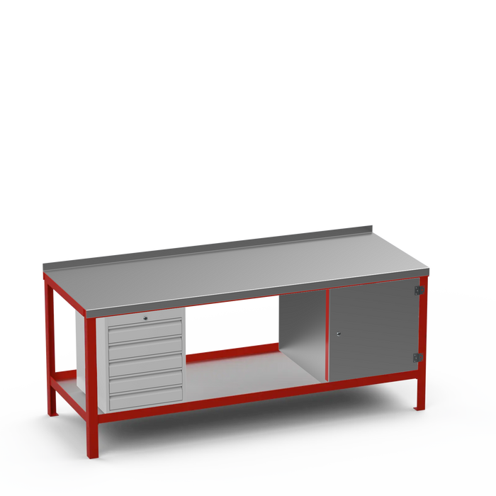 Steel Top Heavy Duty Workbench | 5 Drawer & Enclosed Cupboard Storage