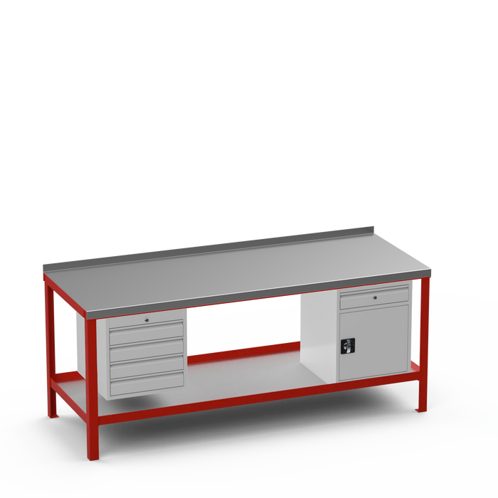 Steel Top Heavy Duty Workbench | 4 Drawer & Cupboard w/ Drawer Storage