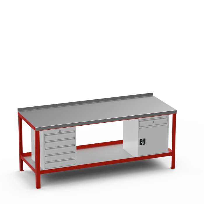 Steel Top Heavy Duty Workbench | 5 Drawer & Cupboard w/ Drawer Storage