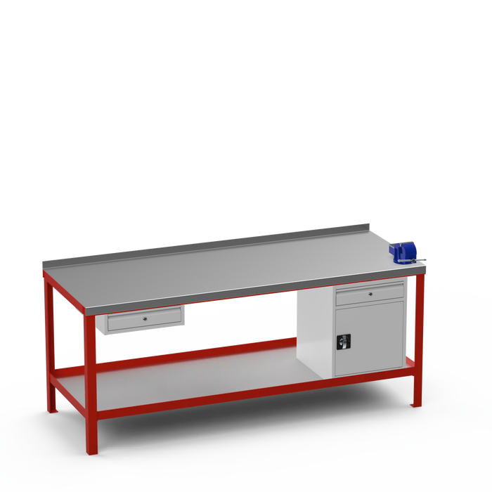 Steel Top Heavy Duty Workbench | Single Drawer & Cupboard w/ Drawer & Right 4 Inch Vice