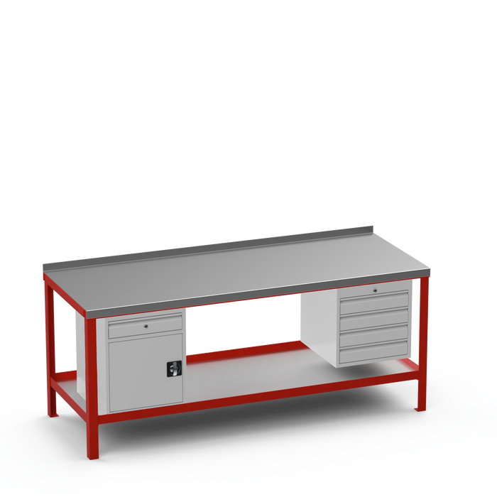 Steel Top Heavy Duty Workbench | Cupboard w/ Drawer & 4 Drawer Storage