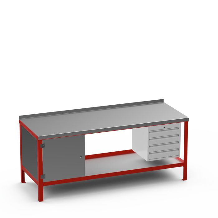 Steel Top Heavy Duty Workbench | Enclosed Cupboard & 4 Drawer Storage