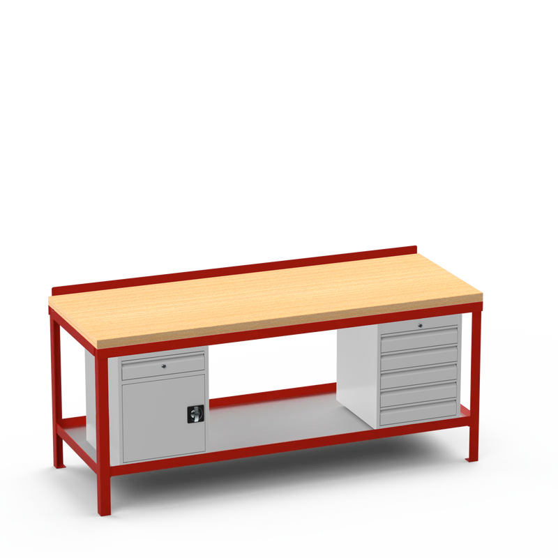 Wood Top Heavy Duty Workbench | Cupboard w/ Drawer Storage & 5 Drawer Storage